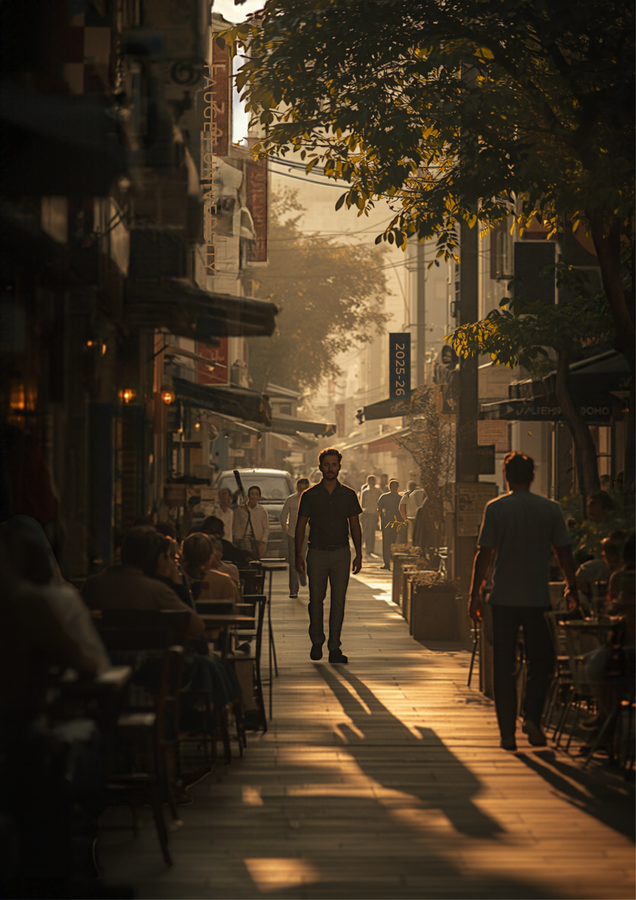 A film production crew and boutique storefront on a Los Angeles street at golden hour