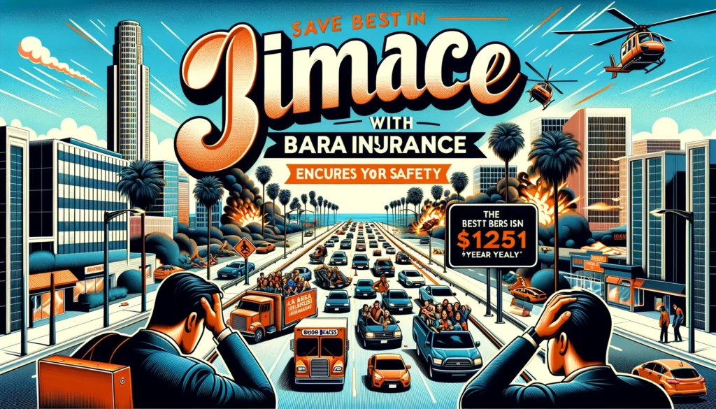 Barua Insurance, emphasizing saving $1251 yearly, safety, and addressing stress and worry. The background should feature a busy Long Beach cityscape with high traffic and some crash scenes to highlight the importance of insurance. Include stressed and worried individuals looking at the crashes. Prominently display the Barua Insurance logo with a globe, an orange swooping arrow, and the text 'THE BEST IN CALIFORNIA'.